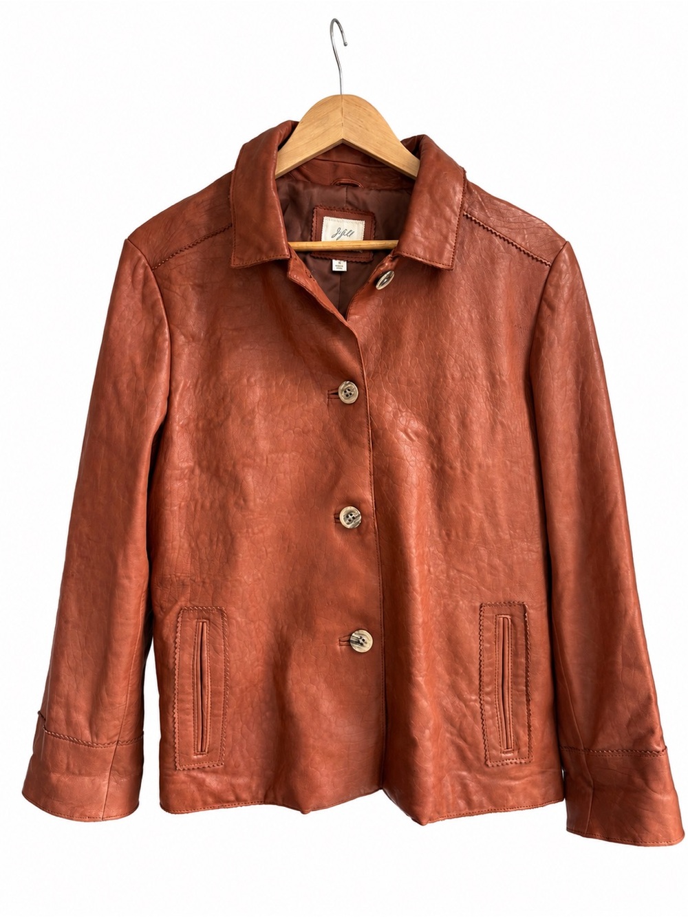 J.Jill Brown Genuine Leather Jacket Size M Button Front Cognac Artisan